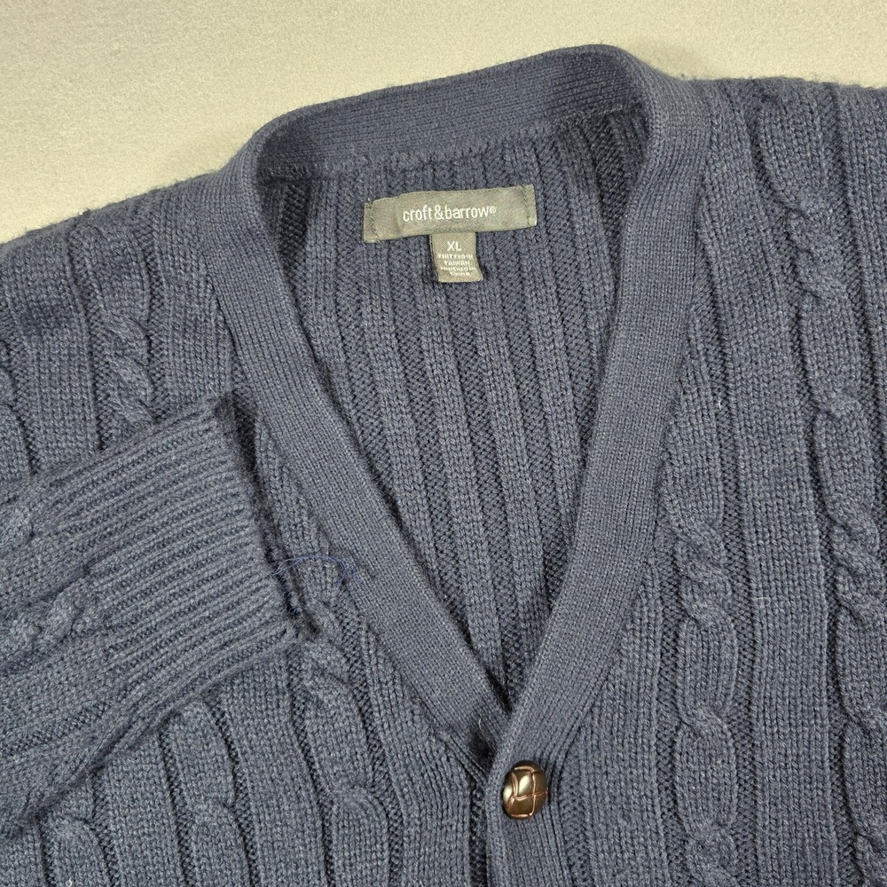 Croft & Barrow Mens XL Navy Blue Cardigan Sweater Cable Knit V-Neck Button Front - Picture 2 of 8